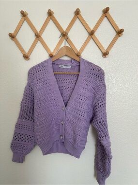 Zara Lilac Openwork Cropped Button Cardigan